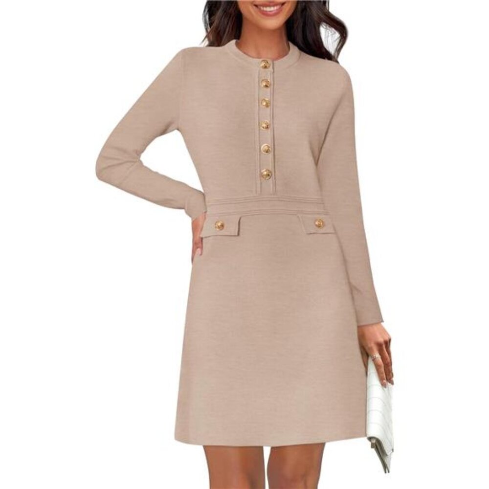 Women's Crew Neck Bodycon Sweater Dress Long Sleeve Button Mini Dress